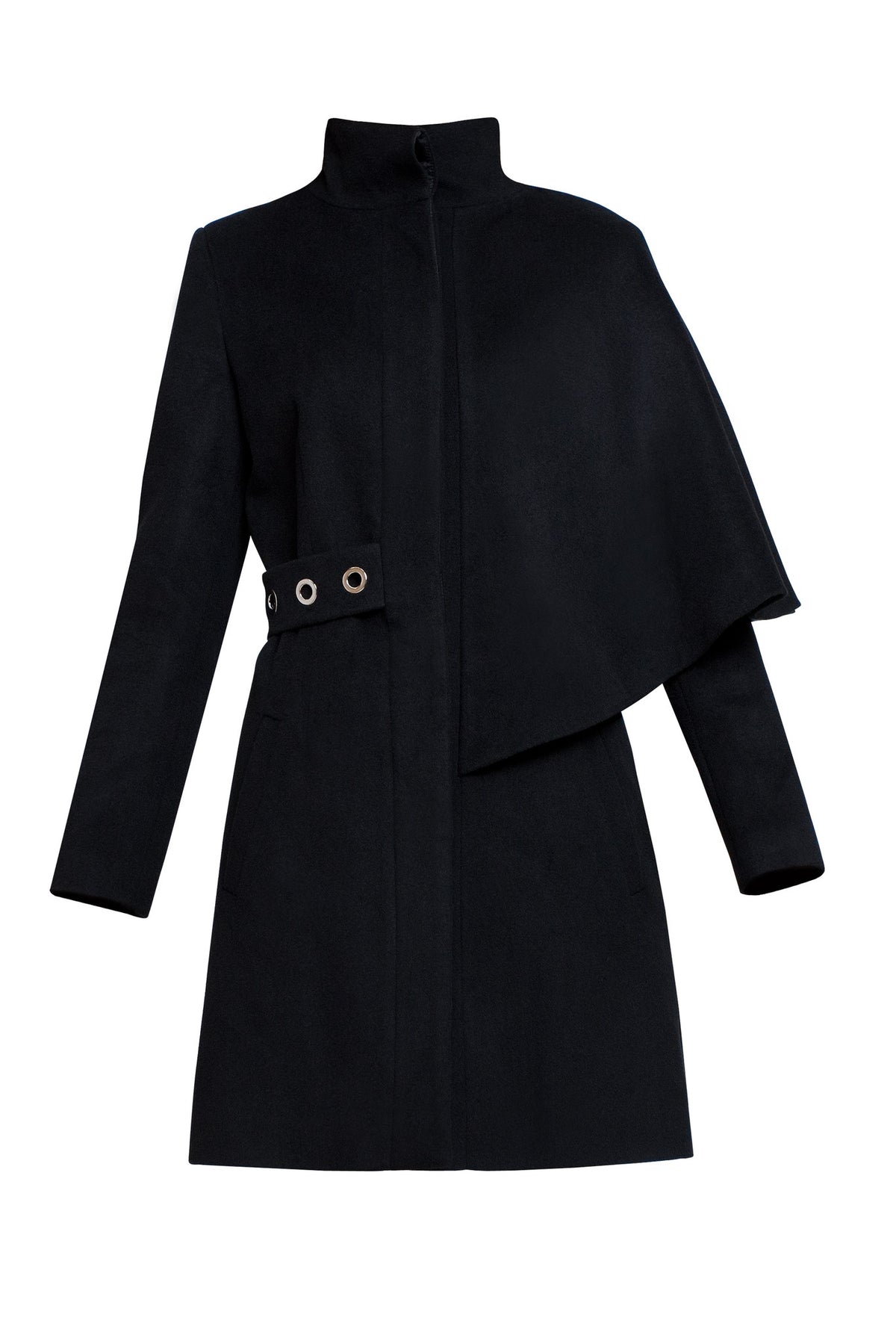 Asymmetric wool and angora coat