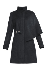 Asymmetric wool-blend cape coat in charcoal grey