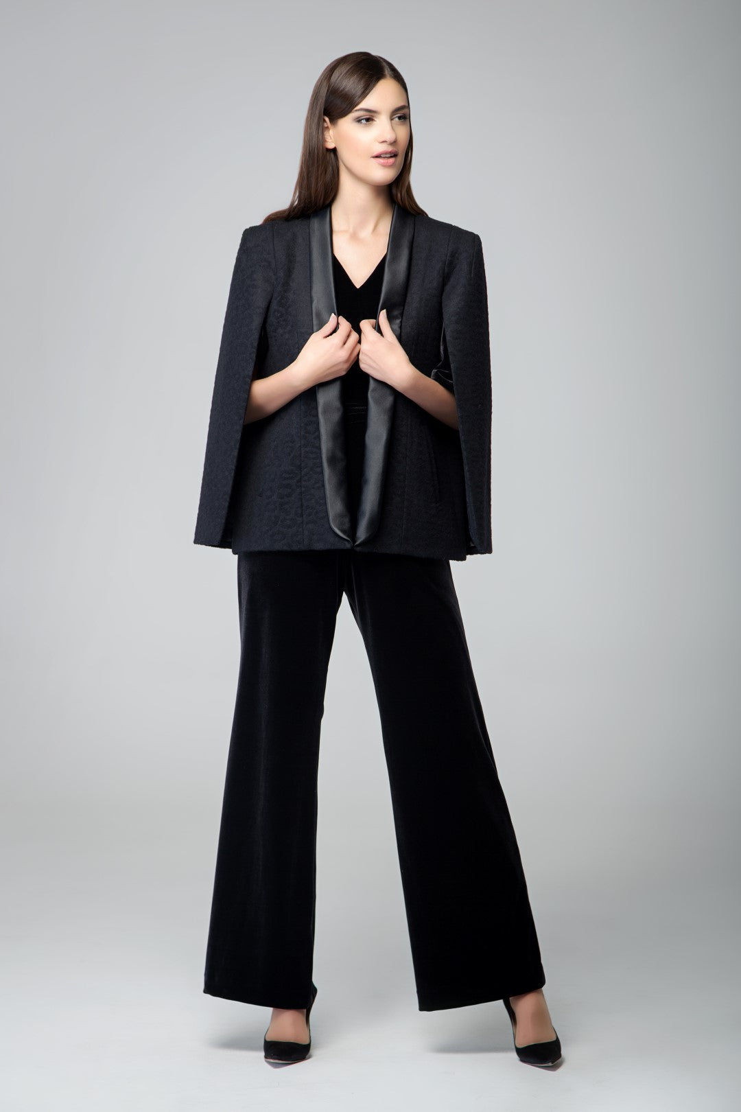 Wool tuxedo-style cape with animal jacquard pattern