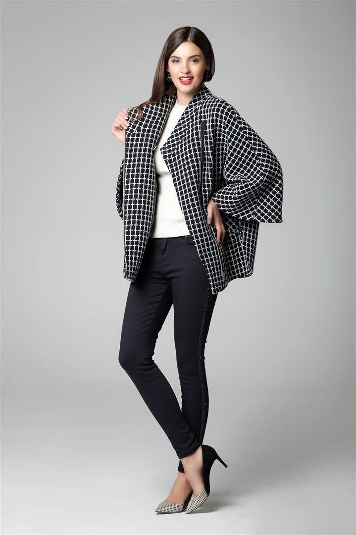 Wool-blend check cape coat with asymmetrical zip
