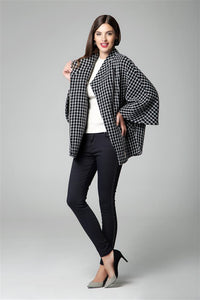 Wool-blend check cape coat with asymmetrical zip
