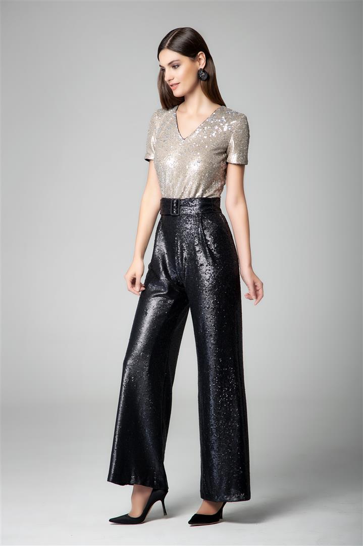 Black and gold sequin jumpsuit with v-shaped back
