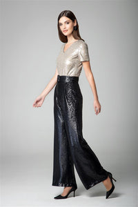 Black and gold sequin jumpsuit with v-shaped back
