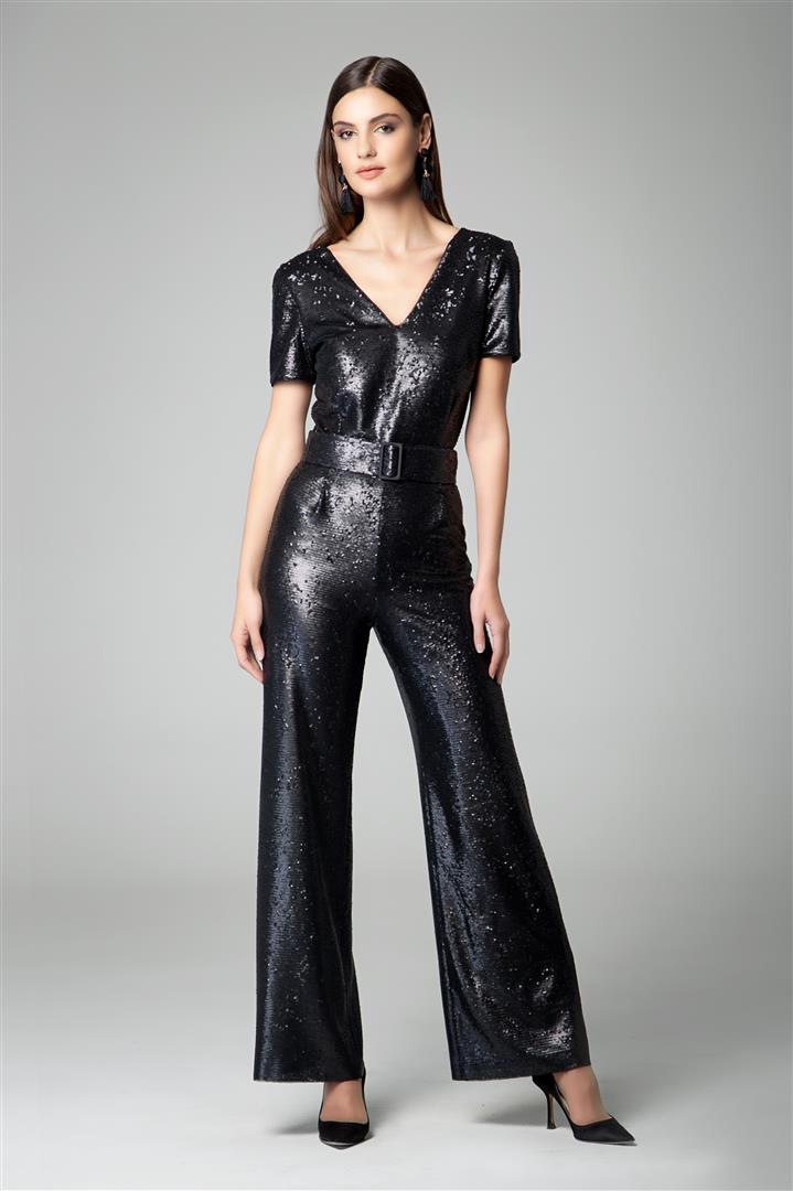Black sequin jumpsuit with v-shaped back