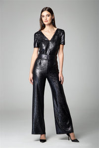 Black sequin jumpsuit with v-shaped back
