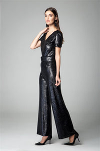 Black sequin jumpsuit with v-shaped back