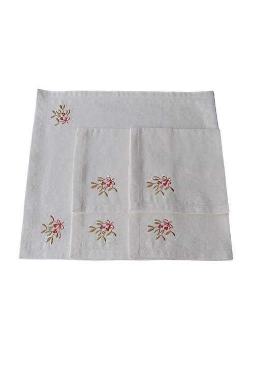 Set of 4 Embroidered Linen Napkins and Table Runner – Mistletoe