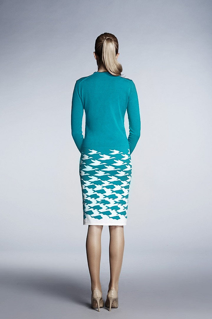 Turquoise illusion houndstooth knitted jacquard dress