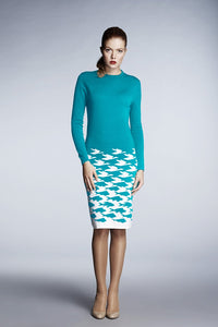 Turquoise illusion houndstooth knitted jacquard dress
