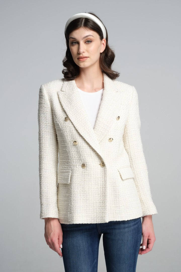 Wool-blend boucle tweed blazer in cream