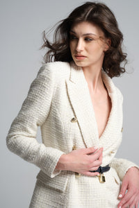 Wool-blend boucle tweed blazer in cream