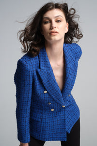 Wool-blend boucle tweed blazer in royal blue