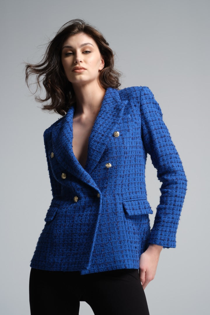 Wool-blend boucle tweed blazer in royal blue
