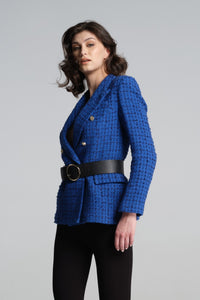 Wool-blend boucle tweed blazer in royal blue