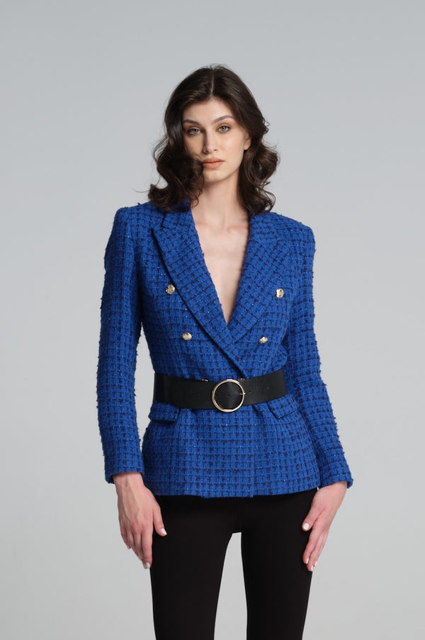 Wool-blend boucle tweed blazer in royal blue
