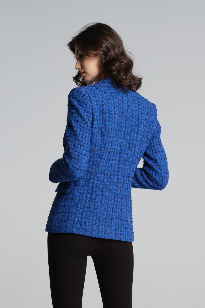 Wool-blend boucle tweed blazer in royal blue