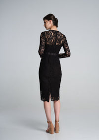 Long Sleeve Lace Pencil Dress in Black