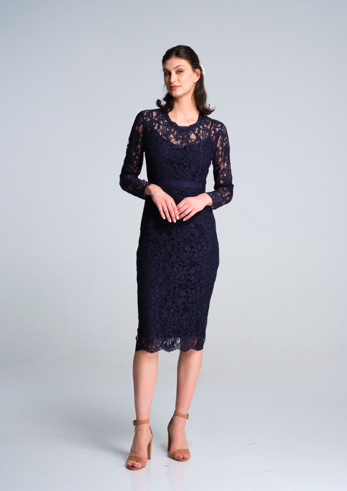 Long Sleeve Lace Pencil Dress in Navy