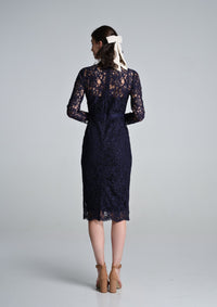 Long Sleeve Lace Pencil Dress in Navy