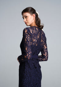 Long Sleeve Lace Pencil Dress in Navy