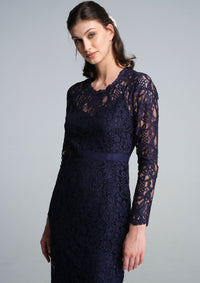 Long Sleeve Lace Pencil Dress in Navy