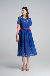 Lace midi dress with peplum in royal blue