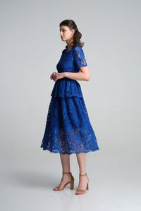 Lace midi dress with peplum in royal blue