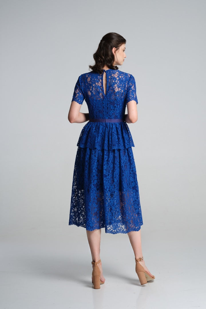 Lace midi dress with peplum in royal blue