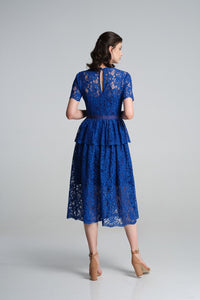 Lace midi dress with peplum in royal blue