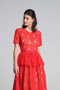 Lace midi dress with peplum in scarlet