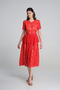 Lace midi dress with peplum in scarlet