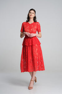 Lace midi dress with peplum in scarlet