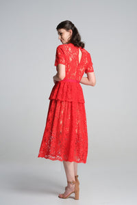 Lace midi dress with peplum in scarlet