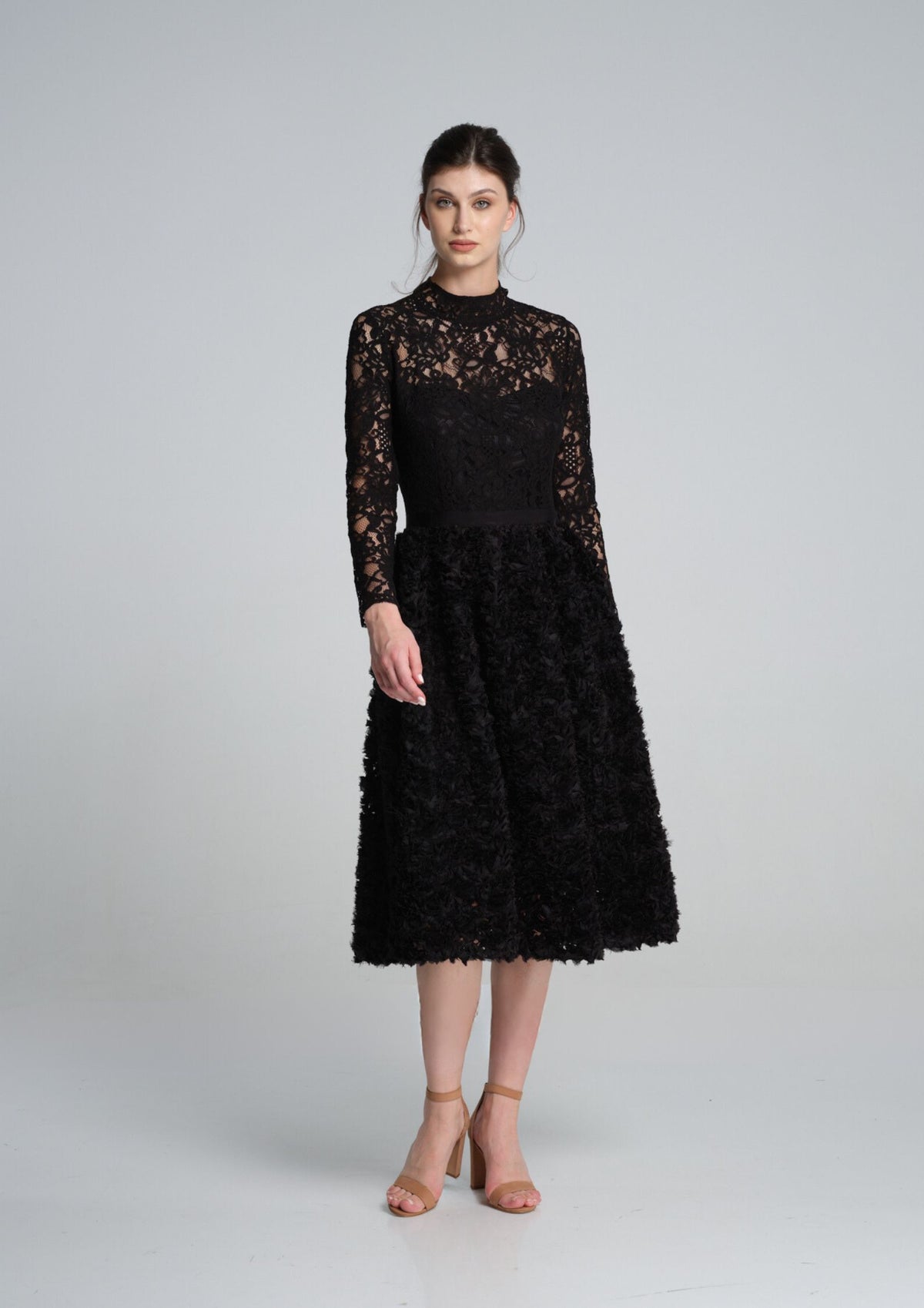 Midi dress with lace bodice and ruffled-tulle skirt