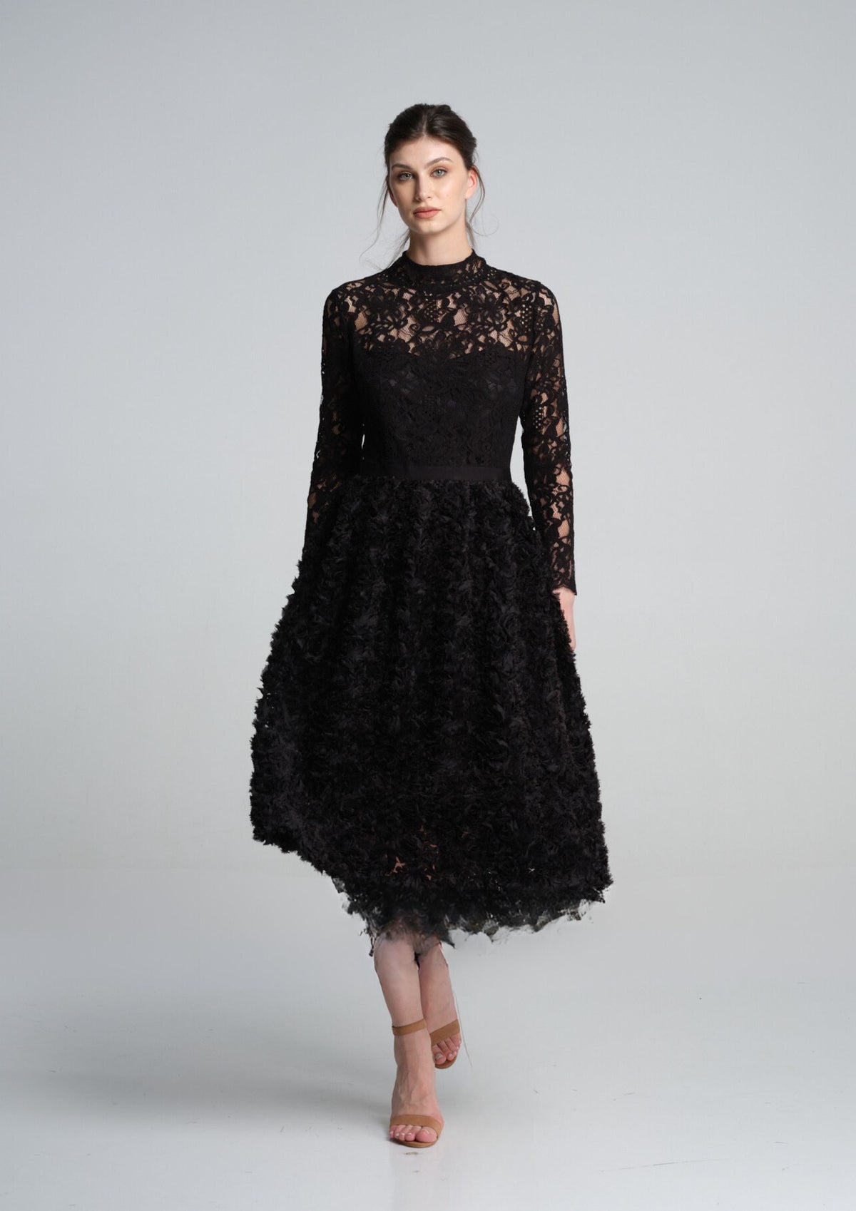 Midi dress with lace bodice and ruffled-tulle skirt