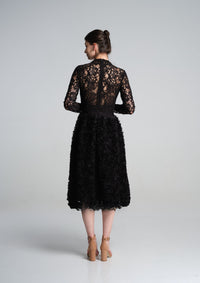 Midi dress with lace bodice and ruffled-tulle skirt