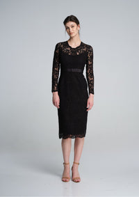 Long Sleeve Lace Pencil Dress in Black