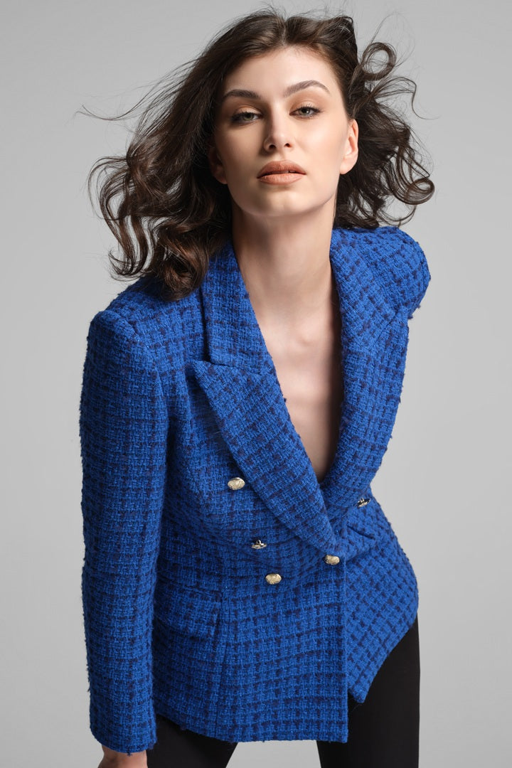 Wool-blend boucle tweed blazer in royal blue