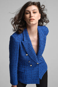 Wool-blend boucle tweed blazer in royal blue
