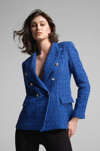 Wool-blend boucle tweed blazer in royal blue
