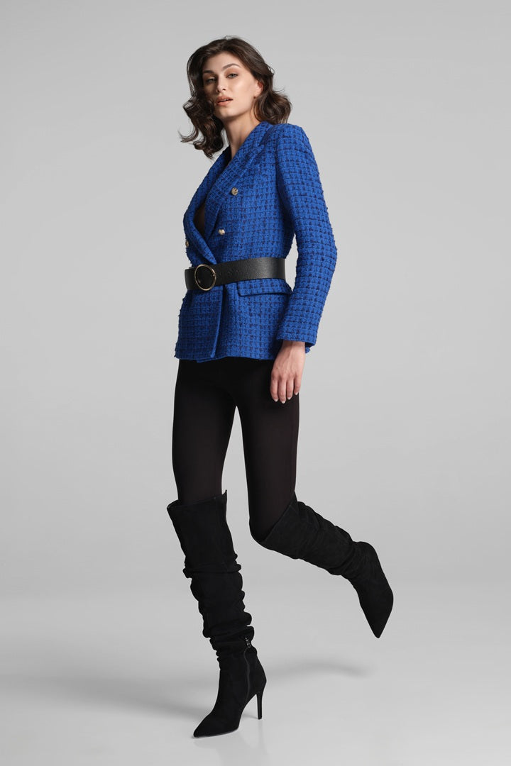 Wool-blend boucle tweed blazer in royal blue