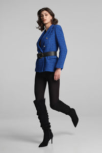 Wool-blend boucle tweed blazer in royal blue