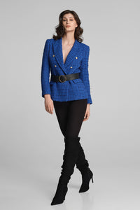Wool-blend boucle tweed blazer in royal blue
