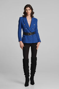 Wool-blend boucle tweed blazer in royal blue