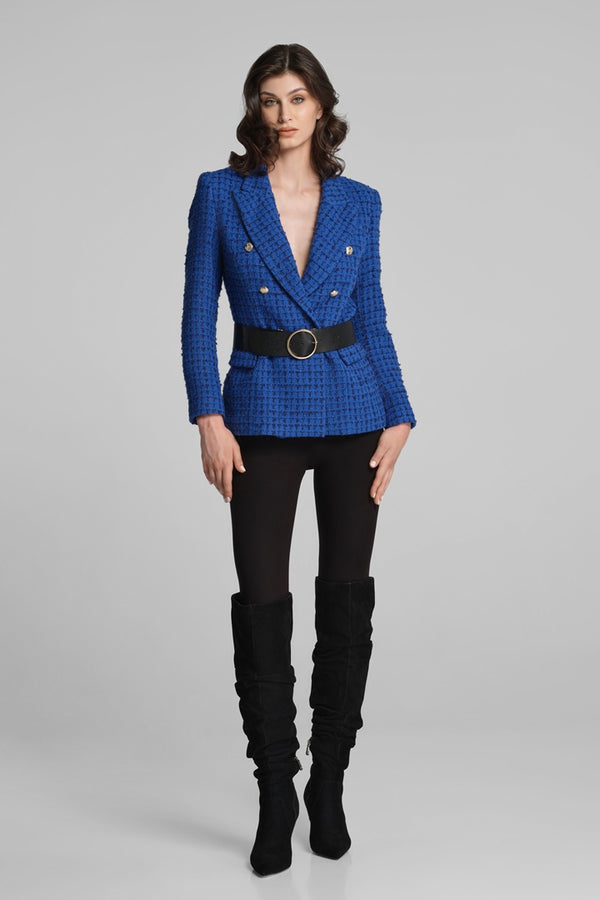 Wool-blend boucle tweed blazer in royal blue