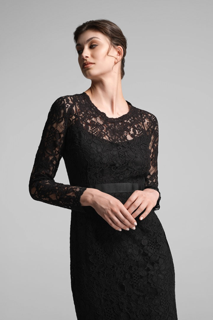 Long Sleeve Lace Pencil Dress in Black