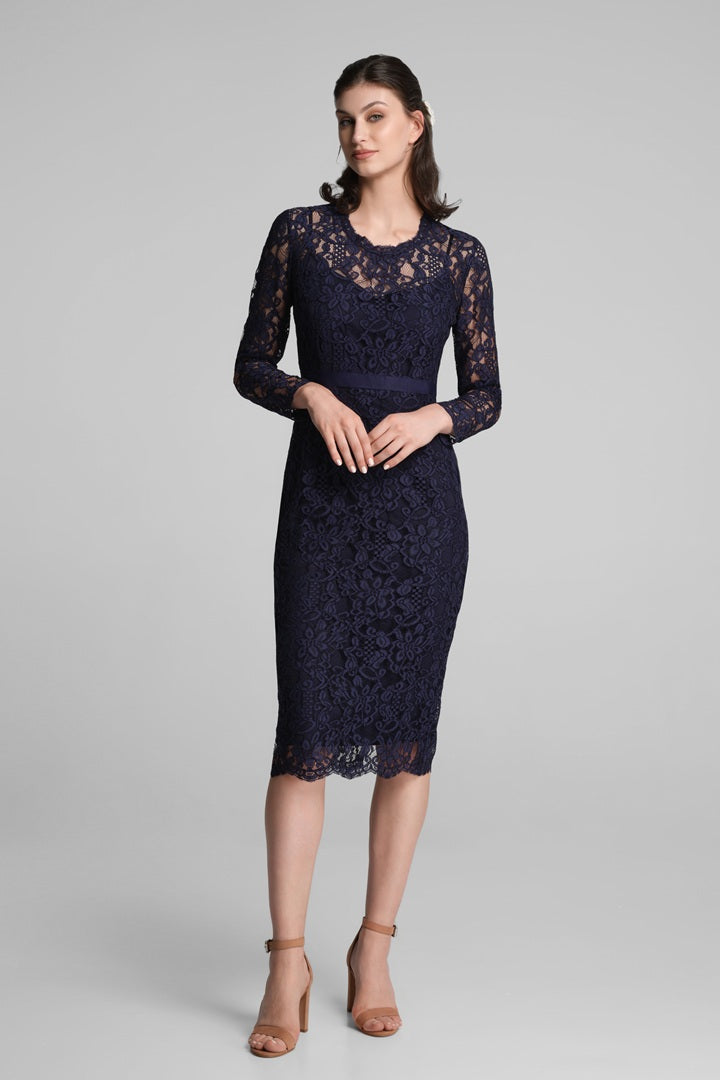 Long Sleeve Lace Pencil Dress in Navy