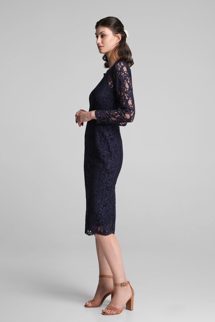 Long Sleeve Lace Pencil Dress in Navy