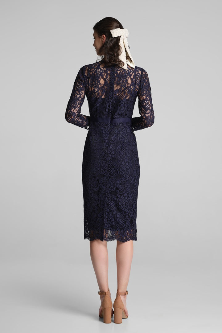 Long Sleeve Lace Pencil Dress in Navy