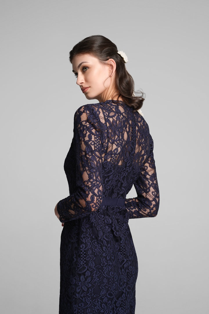 Long Sleeve Lace Pencil Dress in Navy